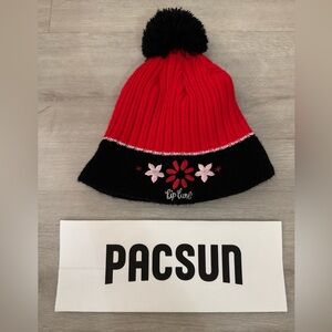 Rip Curl Red and Black knit pom-pom sweater beanie with embroidered flowers - XS